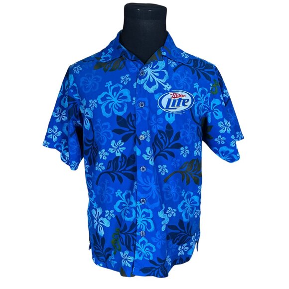 Miller Lite Men's Blue Hawaiian Short Sleeve Button Front Shirt Medium - Picture 1 of 8
